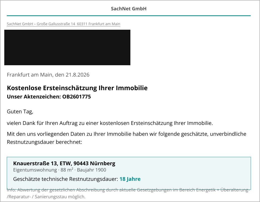 Auszug Restnutzungsdauer-Vorprüfung SachNet GmbH