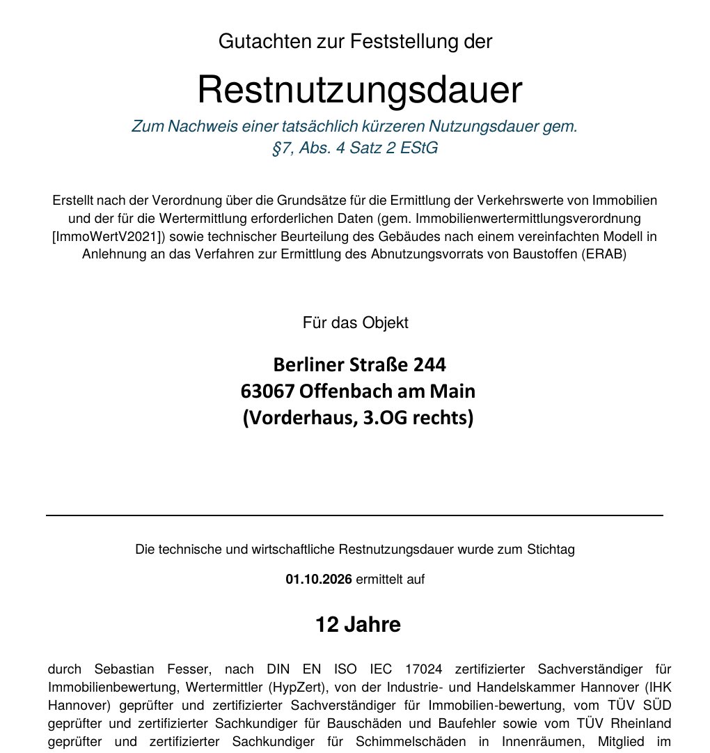 Auszug Gutachten zur Restnutzungsdauer, Grobe & Cie. Valuation GmbH
